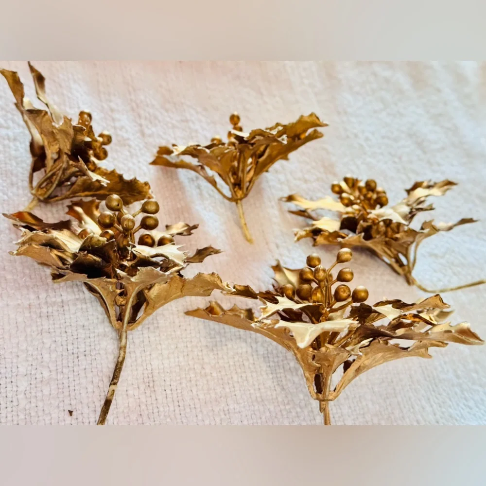 5 VINTAGE Metallic Gold Winter Holly Faux Floral Stems Thick & Rubbery Picks